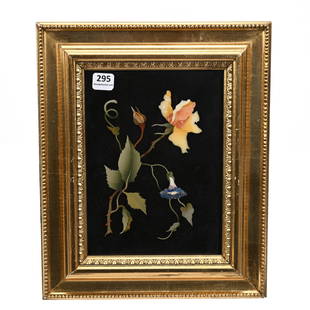 Pietra Dura Plaque: Pietra Dura Plaque, 8" x 6" approximately, Beautiful Floral Inlay, Mounted In 11.75" x 9.75" Gilded Wood Frame, Janice Gill Collection, OH