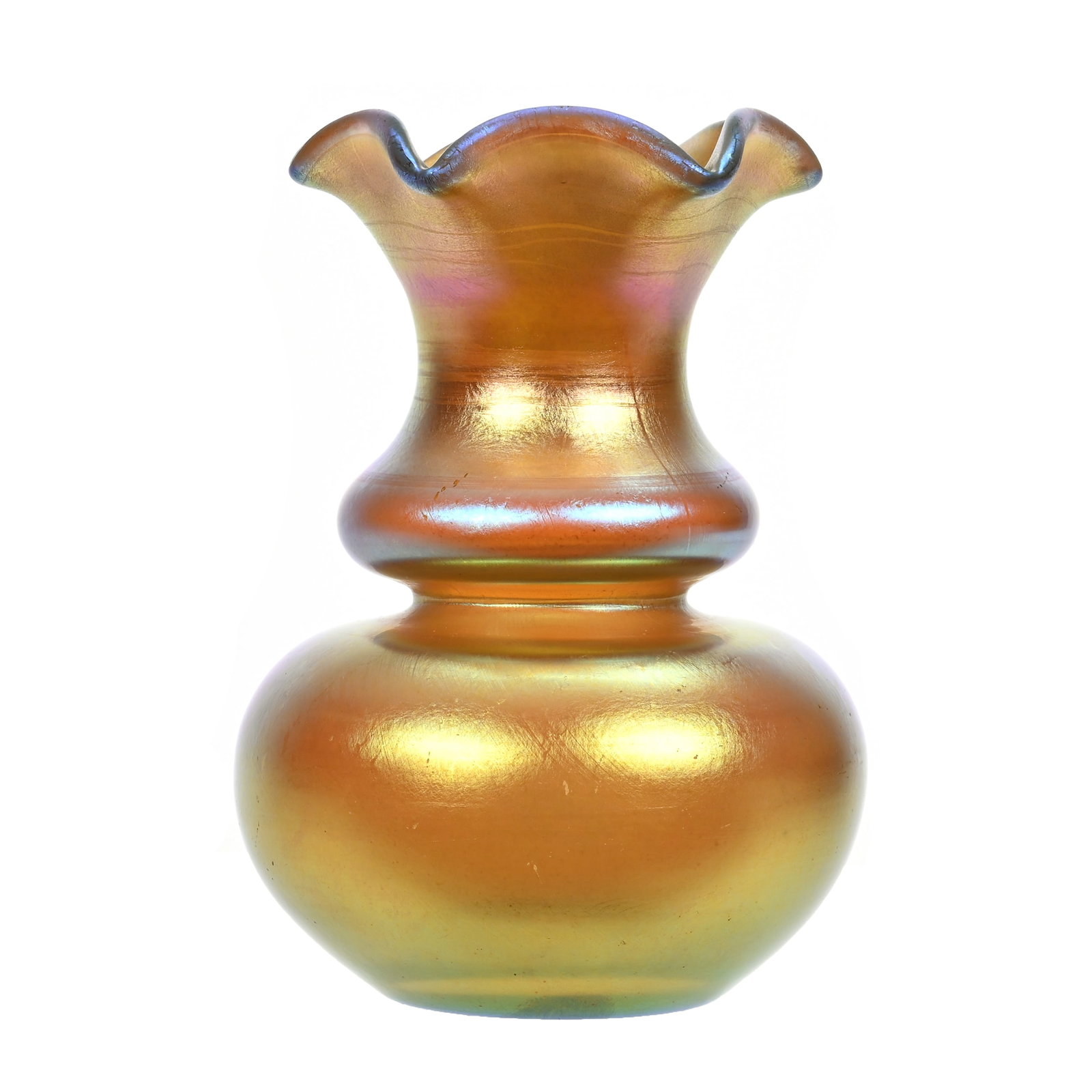 Vase Signed Aurene By Steuben: Vase Signed Aurene By Steuben, 4.5" x 3.25", Gold Iridescence, Gourd Shape, Ruffled Rim, Janice Gill Collection, OH