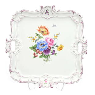 Square Tray, Meissen Blue Sword Mark #297: Square Tray, Meissen Blue Sword Mark #297, 16" x 15.75", Colorful Hand Painted Floral Decor With Lavendar Border Highlights, Nice Quality, North Carolina Private Collection