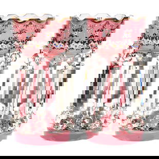 Pair Candle Lusters, Pink Art Glass: Pair Candle Lusters, Pink Art Glass, 14" x 6.5", Enamel Floral Decor, Cased White Interior, Huge Cut Prisms, Nice Set, Some Prisms With Light Chipping, South Dakota Private Collection
