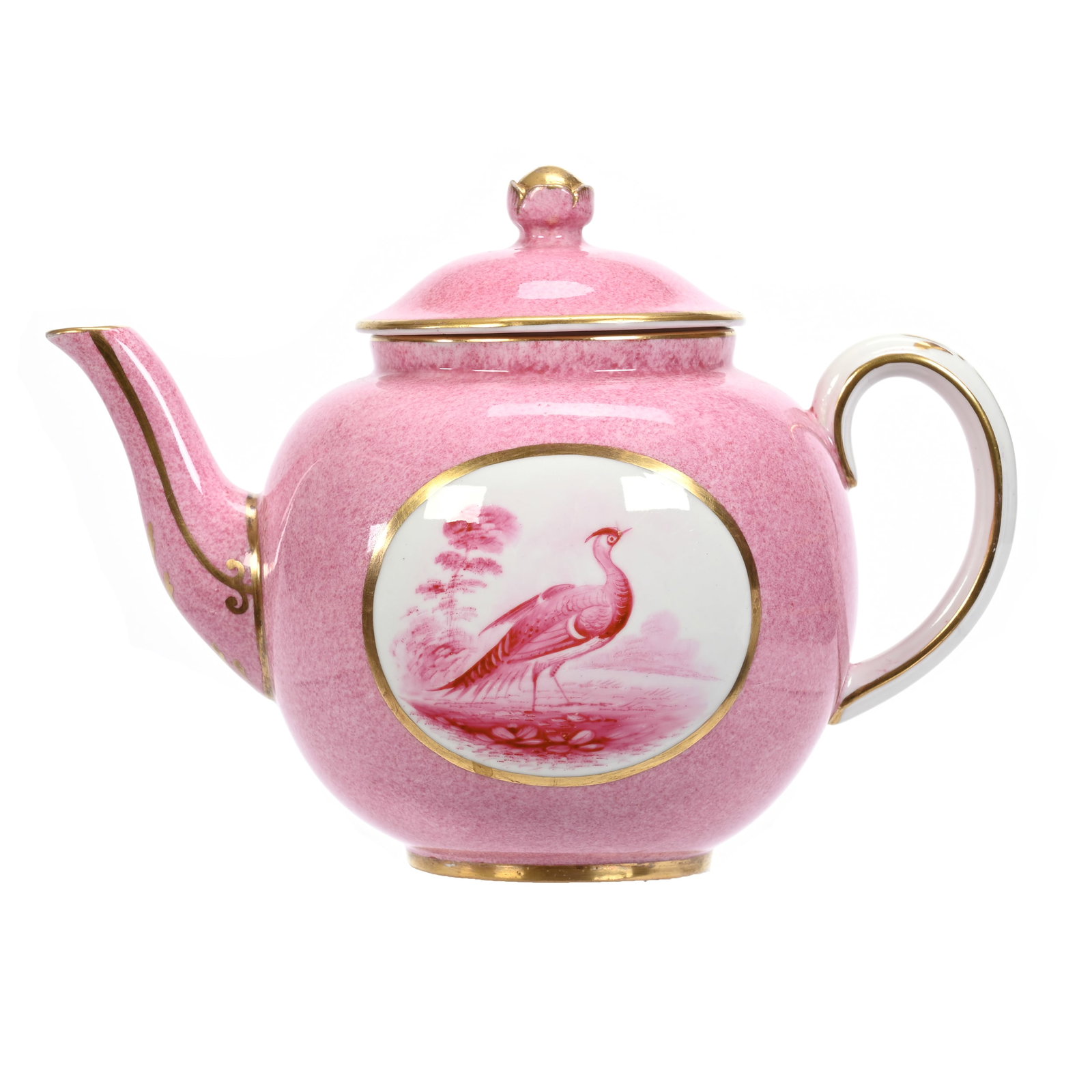 Teapot Marked Staff's England & Tiffany: Teapot Marked Staff's England & Tiffany, 5.75" x 7.5", Mottled Pink Ground With Monochromatic Medallion With Game Bird Scene, Gold Trim Highlights, Marked Tiffany & Company New York, North Carolina Pr