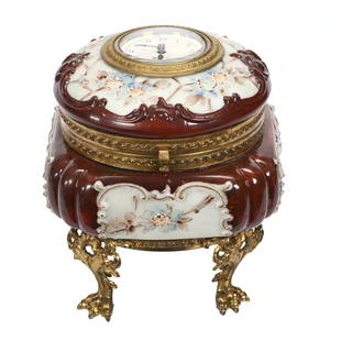 Jewel Box, Inset Clock Lid, Wave Crest Banner Mark: Jewel Box, Inset Clock Lid, Wave Crest Banner Mark, 6" x 5", Brown And White, Blue Floral Decor, Gilt Metal Claw Feet, Very Nice, South Dakota Private Collection