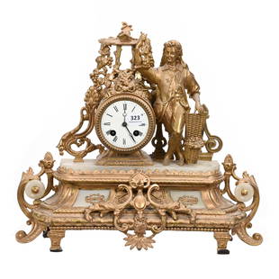 Figural Mantel Clock, Gilt Metal Frame/White Marble: Figural Mantel Clock, Gilt Metal Frame/White Marble, 14" x 16" x 5.5", Panels, Man Collecting Grapes From Vinyard, Sells With Pendulum And Key, The Metal Fence Behind Man Needs Repair, South Dakota Pr