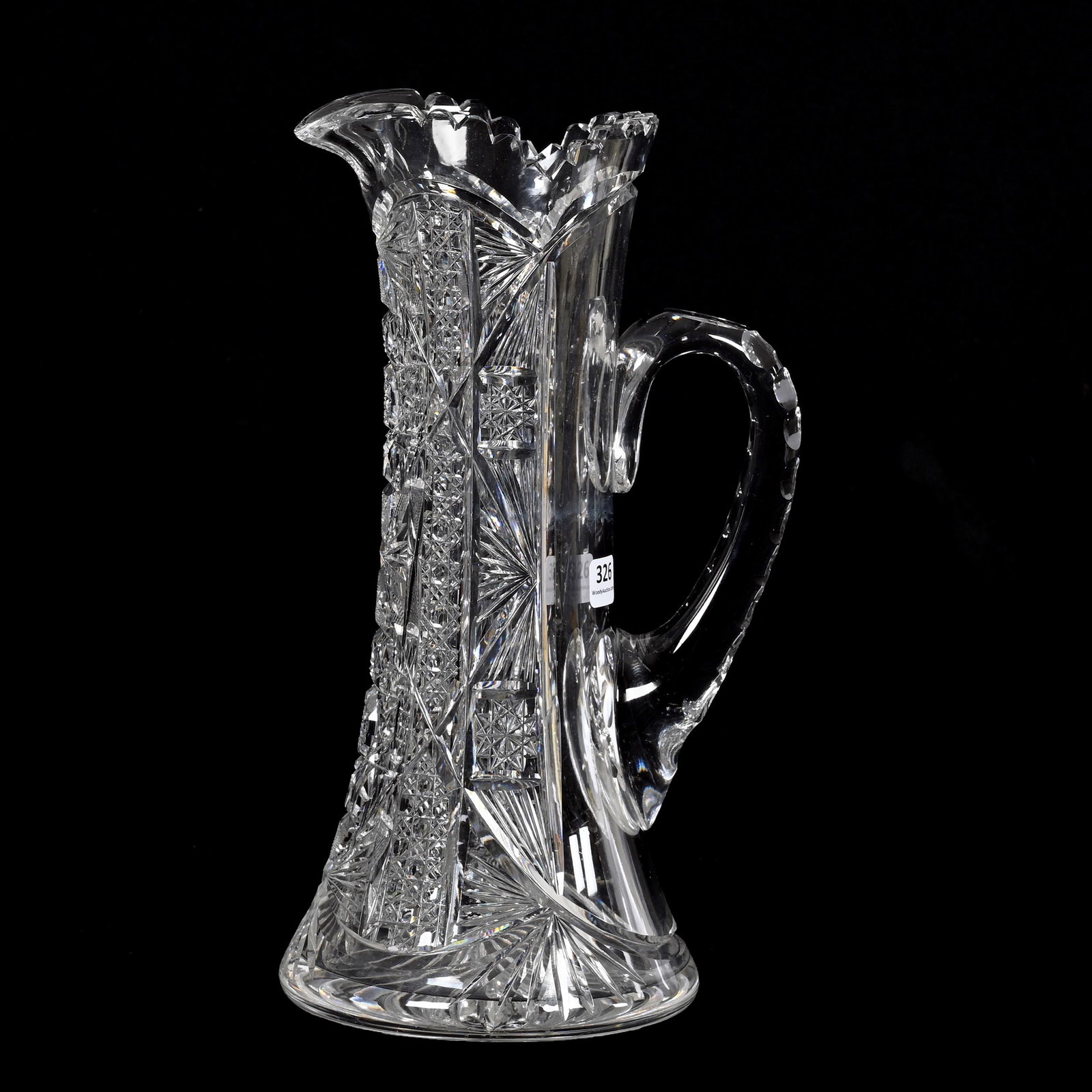 Tankard, ABCG: Tankard, American Brilliant Cut Glass, 13" x 7.5", Hobstar, Cane, Strawberry Diamond And Fan Motif, Double Notched Handle, Ray Cut Base, One Minor Tooth Nick, North Carolina Private Collection
