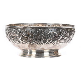 Bowl, Sterling Silver Marked Kirk & Sons #204f: Bowl, Sterling Silver Marked Kirk & Sons #204F, 4" x 9.25", Beautiful Floral Repousse Design, Over 615 Grams Total Weight, North Carolina Private Collection