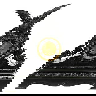 Important Historical French Mantel Clock: Important Historical French Mantel Clock, 22.75" x 22.5" x 7.5", Black And Green Marble, "Commissioned For Mexican Embassy 1831", Clock Features Bronze Eagle And Snake With Cactus Flowers To Represent