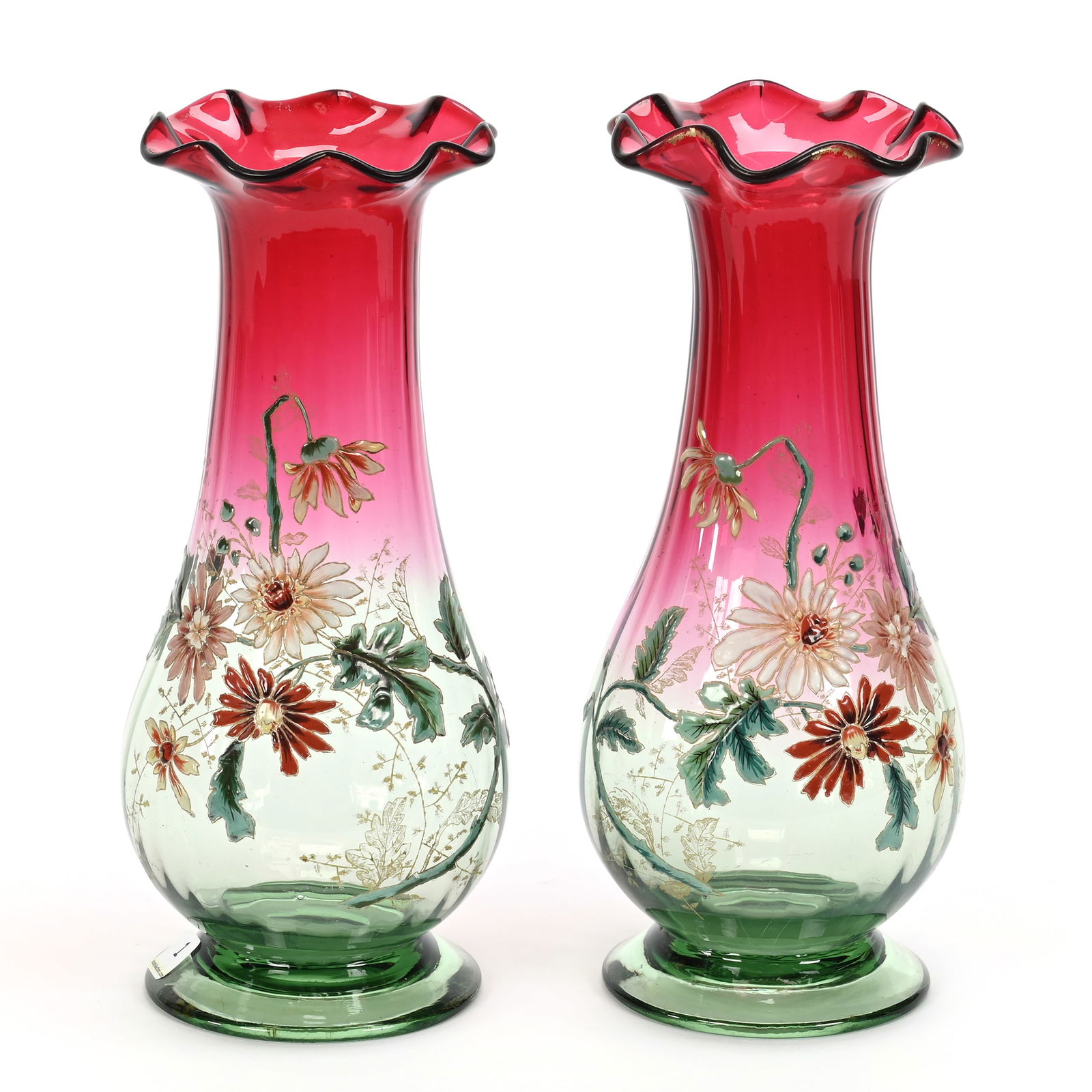 Pair Pedestal Vases, Rubina Verde Art Glass (1 of 3)