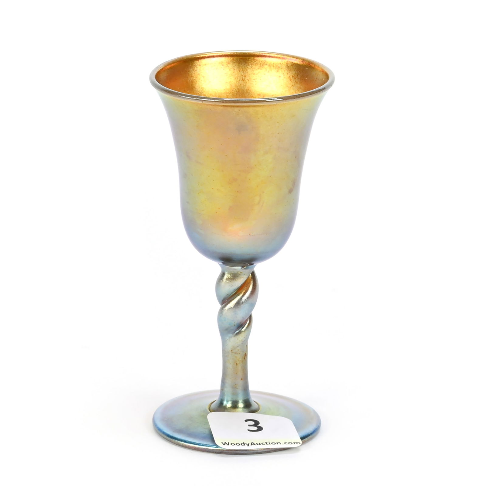 Wine Stem Signed Aurene #2311 By Steuben Art Glass: Wine Stem Signed Aurene #2311 By Steuben Art Glass, 3.75" x 1.75", Gold Iridescent, Twist Stem, Janice Gill Collection