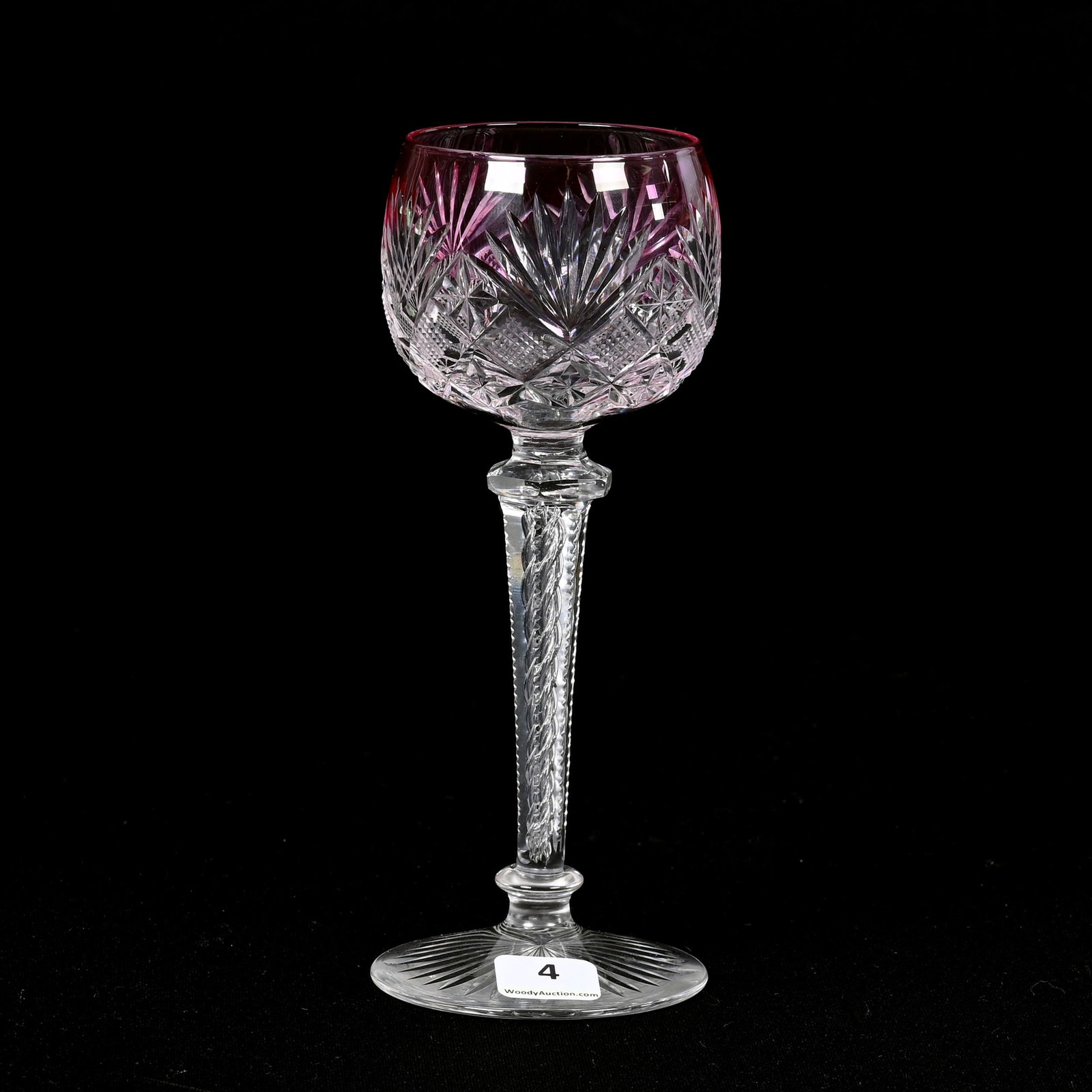 Wine Stem, BPCG, Cranberry Cut To Clear: Wine Stem, Brilliant Period Cut Glass, Cranberry Cut To Clear, 7.25" x 3", Strawberry Diamond, Star And Fan Motif, Air Twist Stem, Ray Cut Foot, Janice Gill Collection