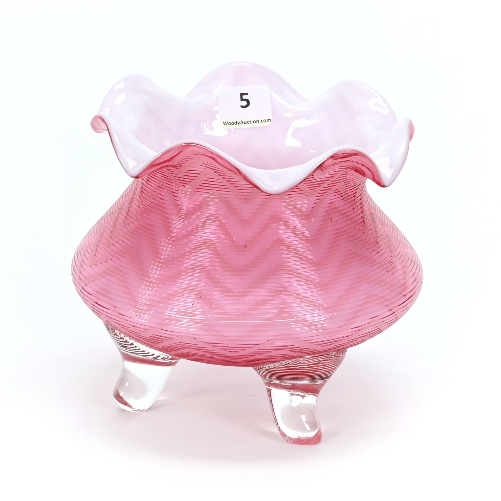 Footed Vase, Threaded Mop Herringbone Art Glass: Footed Vase, Threaded MOP Herringbone Art Glass, 5" x 5.75", Pink With White Interior, Clear Applied Feet, Janice Gill Collection
