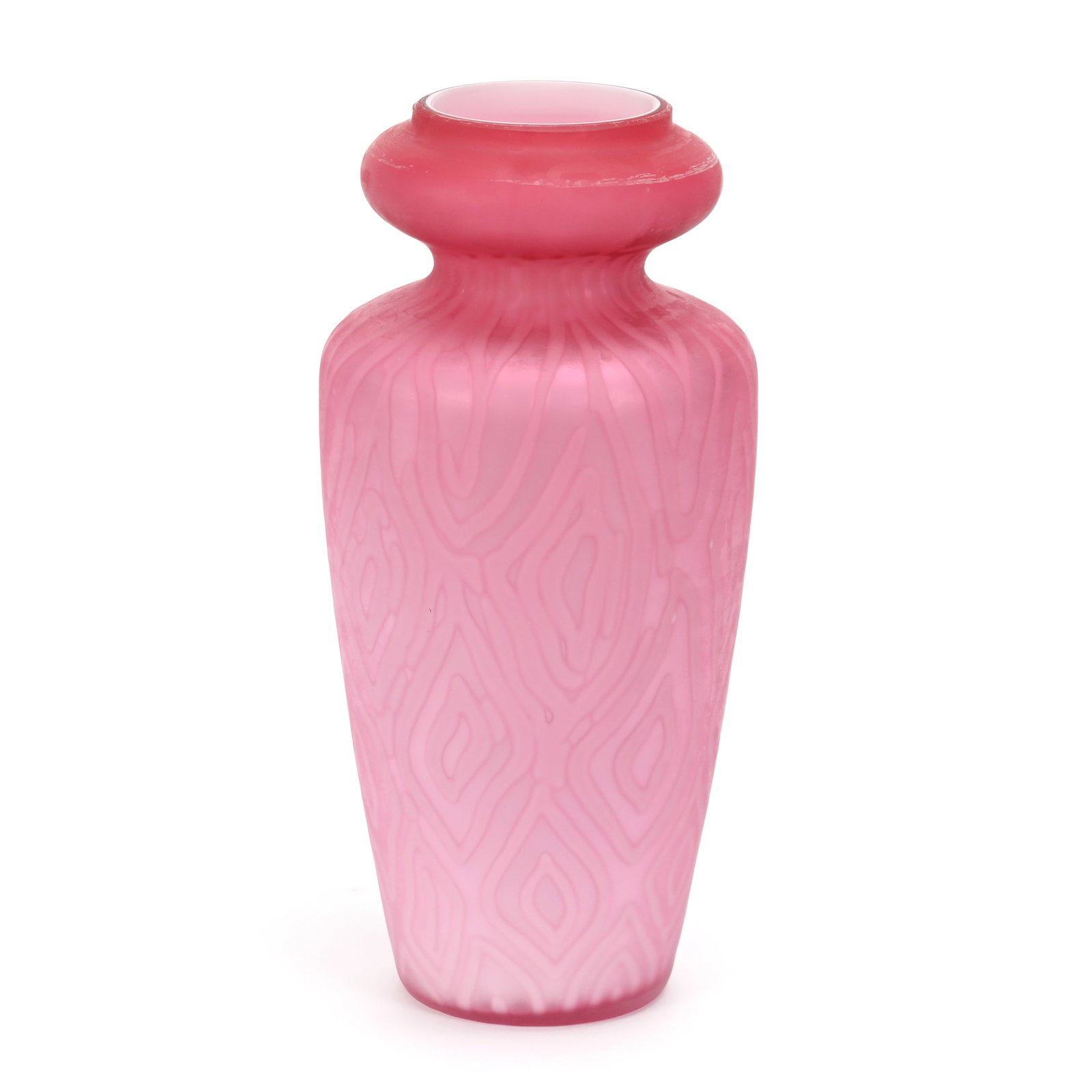 Vase, Pink Satin Mop Moire Pattern Art Glass: Vase, Pink Satin MOP Moire Pattern Art Glass, 8" x 3.75", Pinched Neck, Nice Quality, Janice Gill Collection
