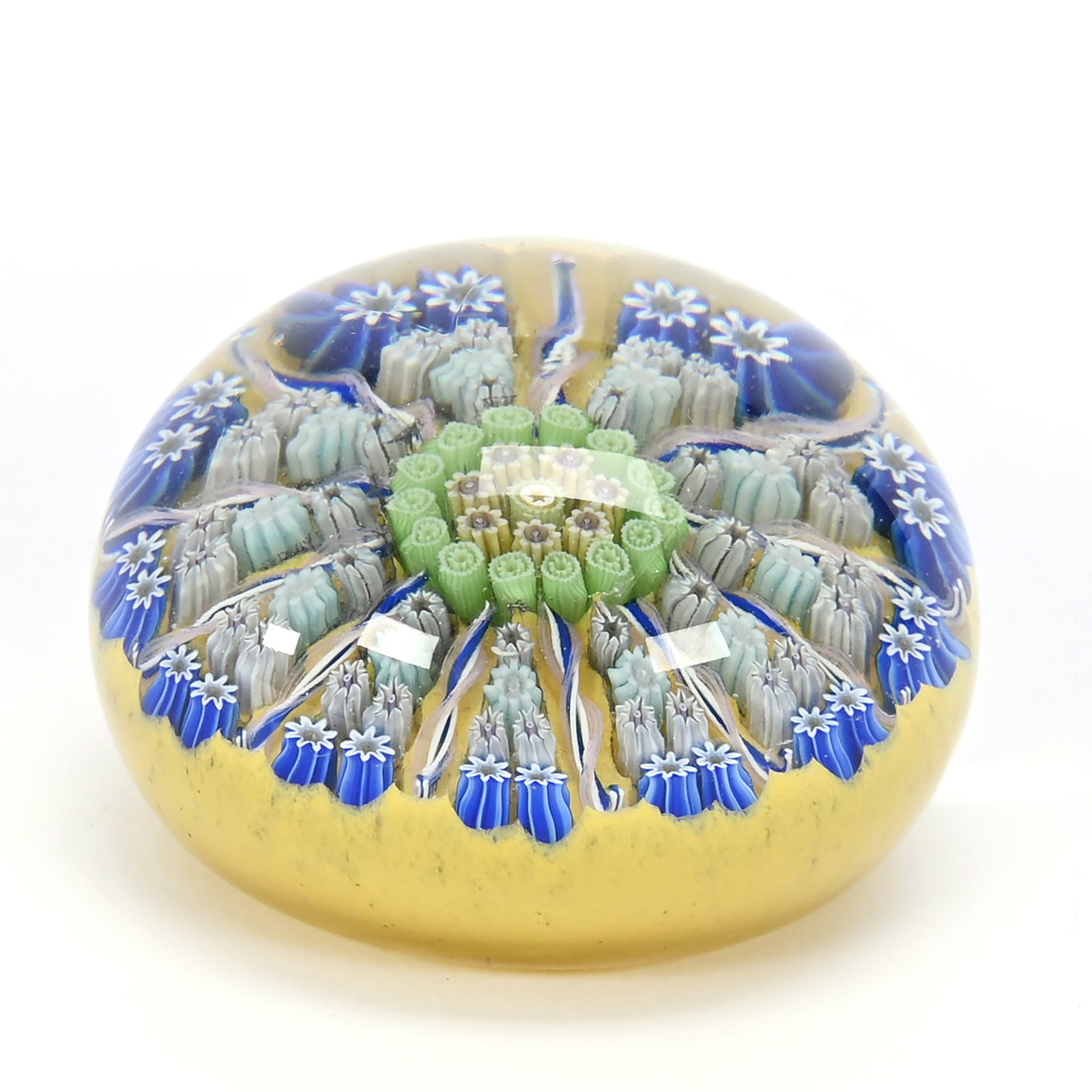 Paperweight, Perthshire Sold By Retailer L.H. Selman: Paperweight, Perthshire Sold By Retailer L.H. Selman, 2" x 3", Yellow Ground With Millefiori Design, Original Paper Label, Janice Gill Collection