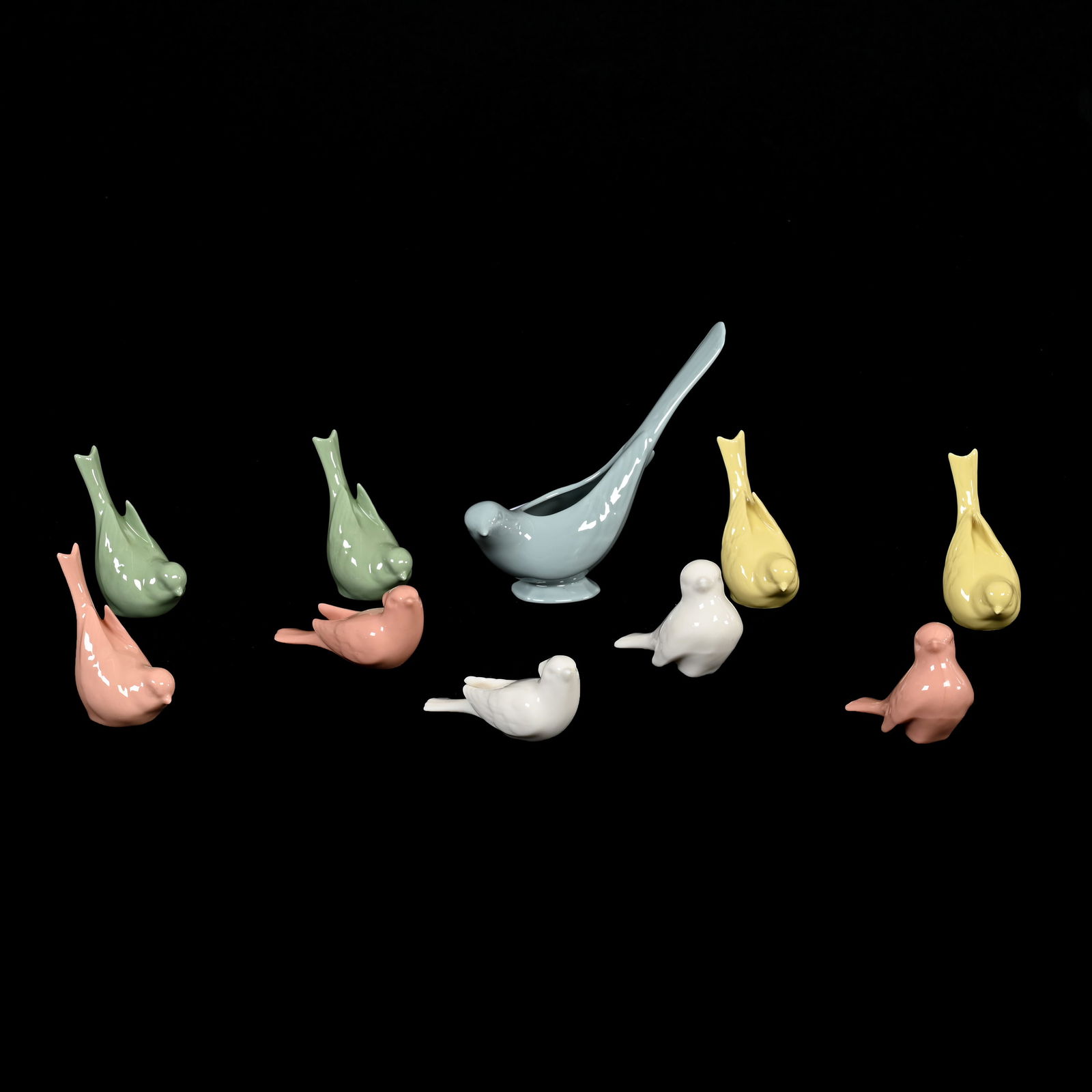 (10) Bird Figurines, All With Lenox Green Wreath: (10) Bird Figurines, All With Lenox Green Wreath, Colors Include Primrose Yellow, Coral, White, Celadon, Also Blue/Green Planter, Sizes Range From 5.5" To 2", Circa 1930-1950, See Photos For Details,