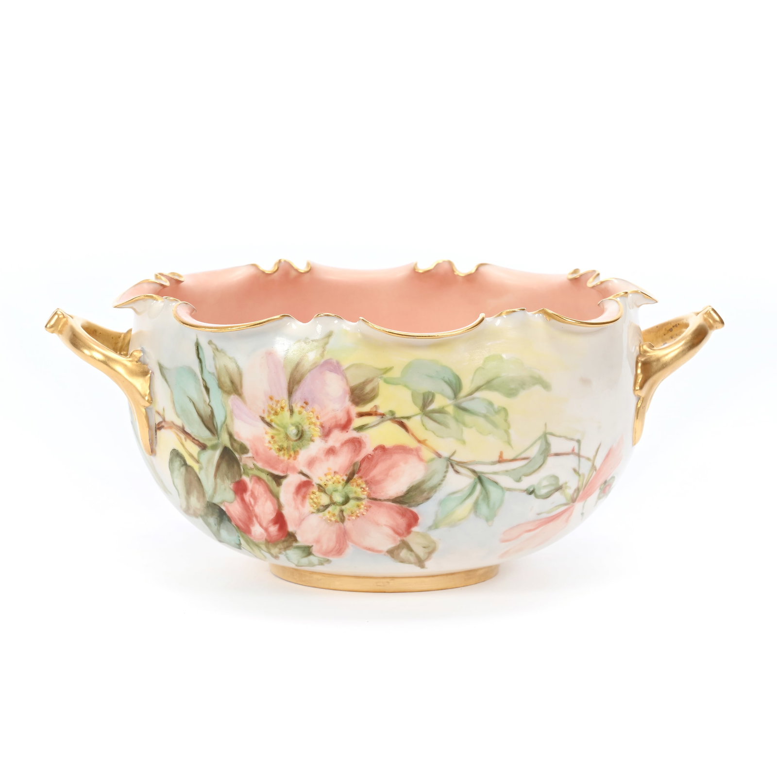 Bowl, Two Handles, American Willets Belleek: Bowl, Two Handles, American Willets Belleek, 4" x 9.25" x 7.25", Light Blue And Yellow Tones, Pink Floral Decor, Scalloped Rim, Gold Trim Highlights, Janice Gill Collection