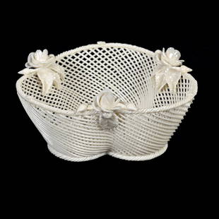 Basket, Irish Belleek, Four Strand, Two Pad: Basket, Irish Belleek, Four Strand, Two Pad, 2.5" x 5.25", Circa 1921-1954, Three Lobes With Roses On Rim, Janice Gill Collection