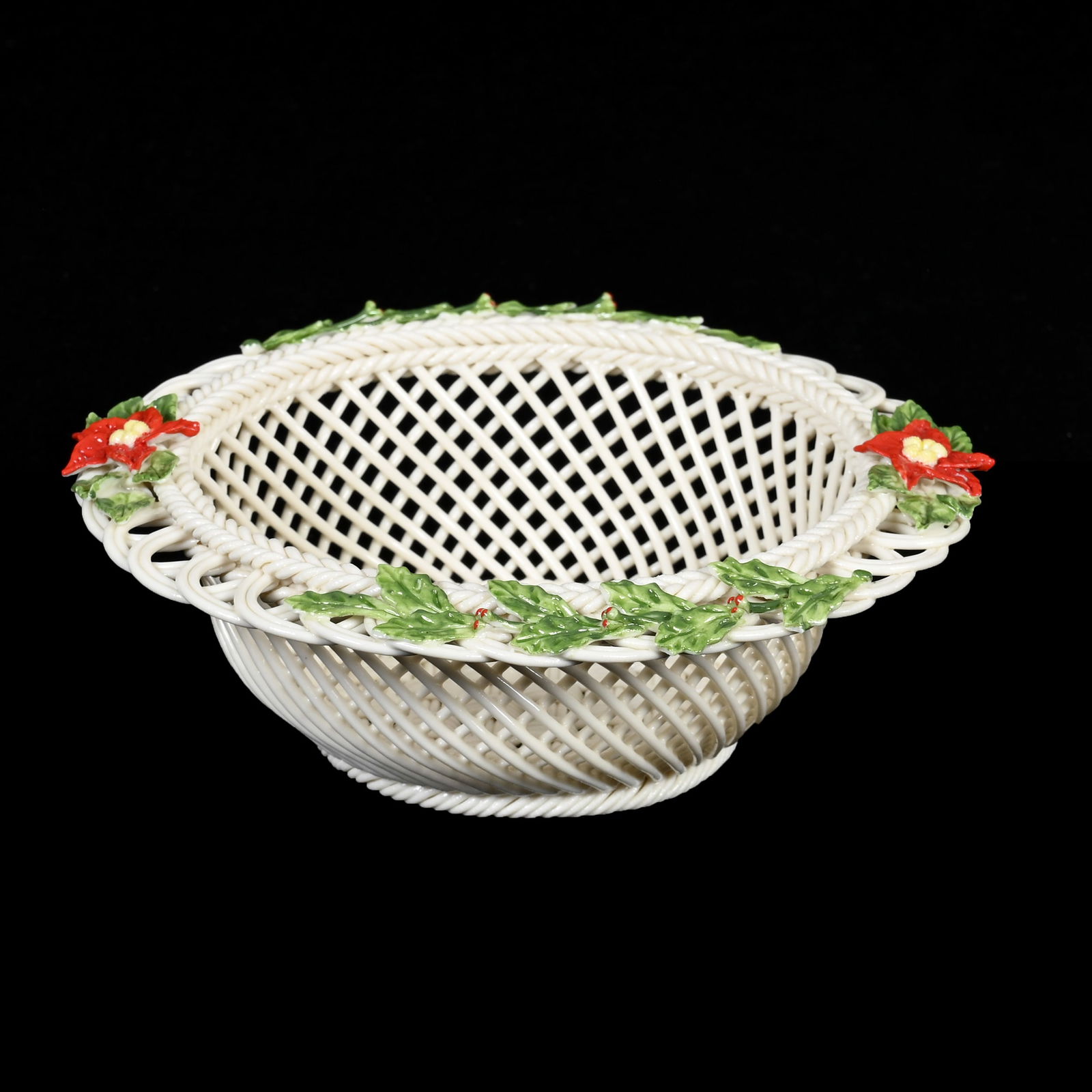 Basket, Irish Belleek, Four Strand, Blue Mark: Basket, Irish Belleek, Four Strand, Blue Mark, 2.25" x 6.25", Circa 1993-1997, Colored Poinsettia Border, Janice Gill Collection