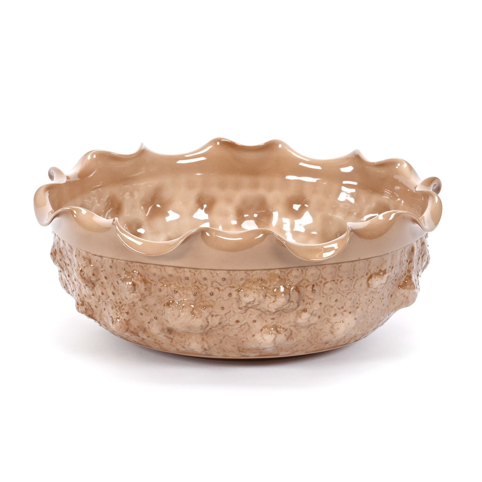 Bowl, Lenox Green Wreath Mark: Bowl, Lenox Green Wreath Mark, 4" x 10.5", Unique Brown Glaze With Textured Bulging Design, Ruffled Rim, Circa 1906-1930, Janice Gill Collection