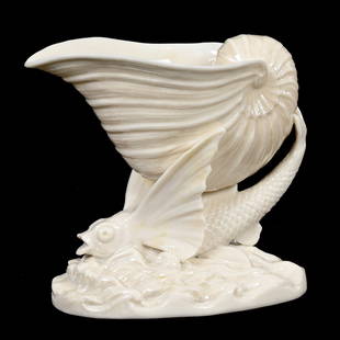 Flying Fish Vase, Irish Belleek First Mark: Flying Fish Vase, Irish Belleek First Mark, 4.25" x 4.75", Circa 1863-1890, Molded Winged Fish With Conch Shell On Back, Janice Gill Collection