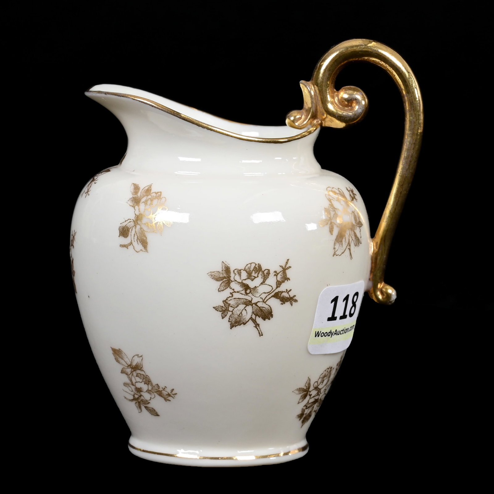 Creamer Marked American Arts China Works: Creamer Marked American Arts China Works, 4" x 3.5", White With Gold Stencil Floral Decor, Circa 1891-1895, Janice Gill Collection