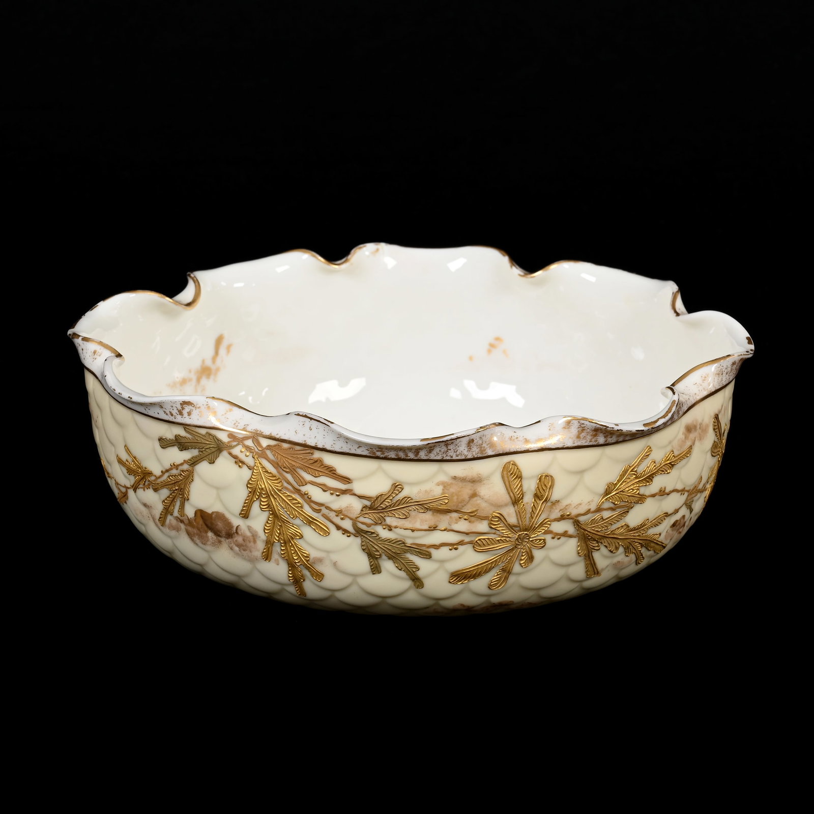Bowl Marked Ott & Brewer American Belleek: Bowl Marked Ott & Brewer American Belleek, 3.5" x 9.5", Fish Scale Mold, Yellow Tones With Gold Enamel Leaf And Branch Decor, Scalloped Rim, Small Factory Rim Separation, Circa 1893, Janice Gill Colle