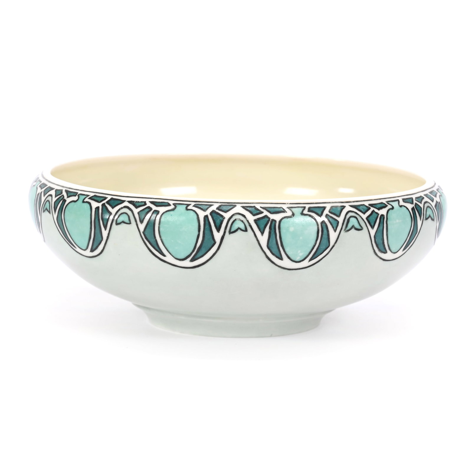 Bowl, American Willets Belleek: Bowl, American Willets Belleek, 2.75" x 8", Green Tones With Art Deco Design, White Interior, Janice Gill Collection