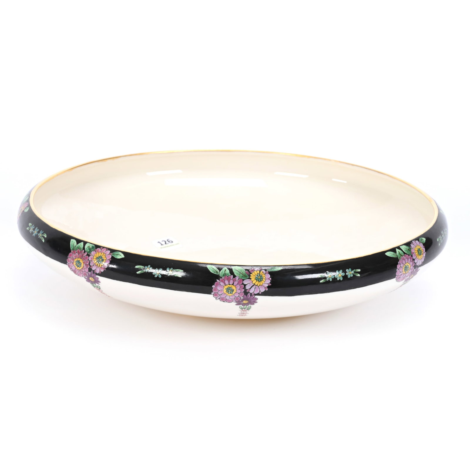 Bowl, Lenox Belleek Palette Mark: Bowl, Lenox Belleek Palette Mark, 3" x 13.25", White With Black Border And Pink Floral Decor, Artist Signed, Janice Gill Collection
