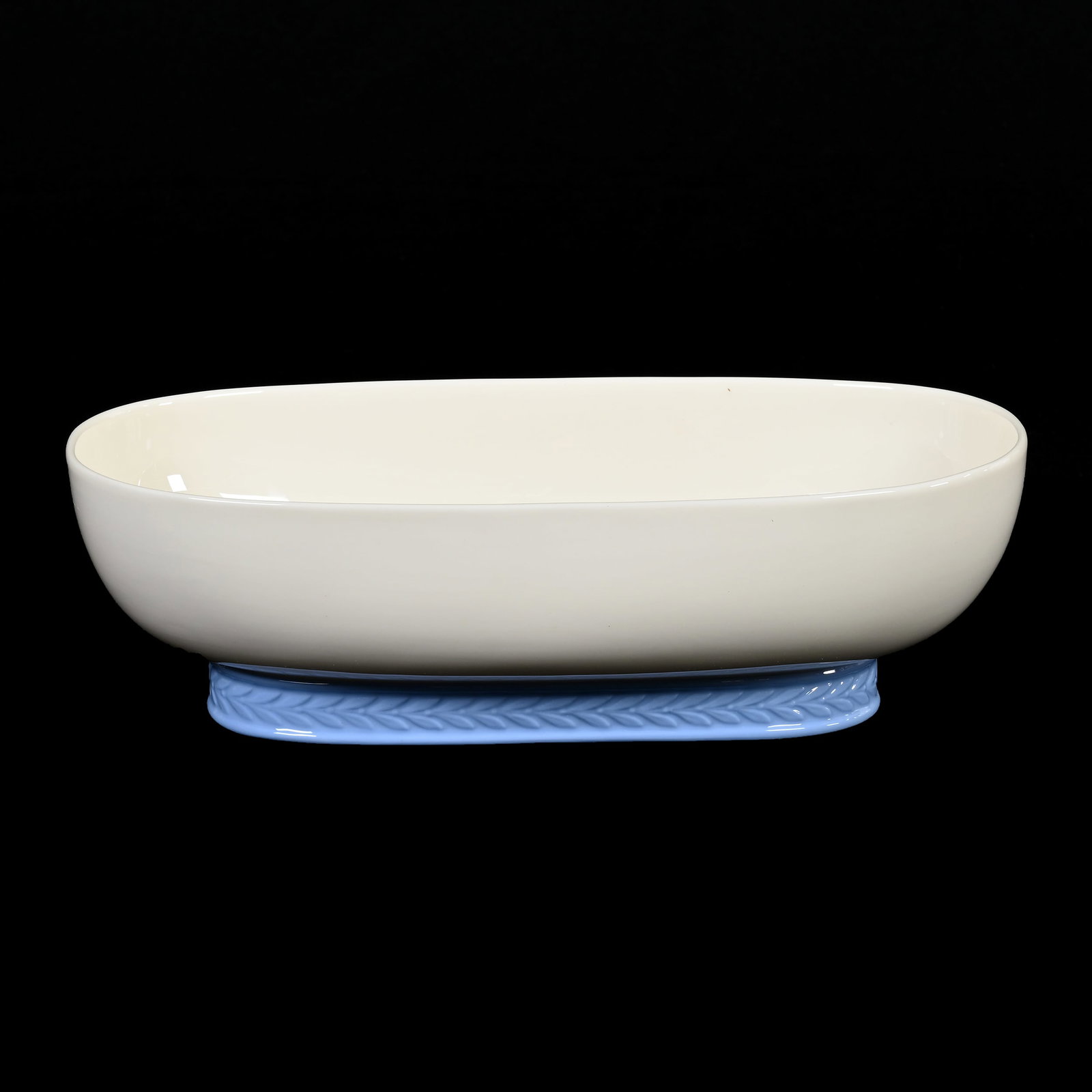 Oval Bowl, Lenox Green Wreath Mark: Oval Bowl, Lenox Green Wreath Mark, 3.5" x 11.75" x 6.25", White Bowl With Blue Base, Circa 1930-1950, Janice Gill Collection