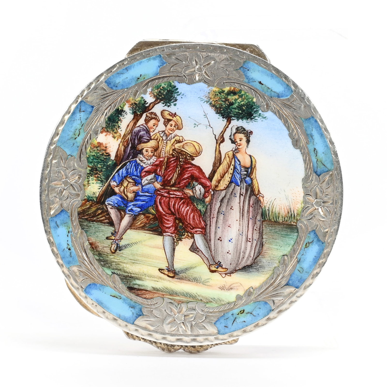 Compact Marked .800 Silver, French Enamel Scenic Lid: Compact Marked .800 Silver, French Enamel Scenic Lid, 2.75", Beveled Mirror Inset Under Lid, Very Nice Quality, Janice Gill Collection