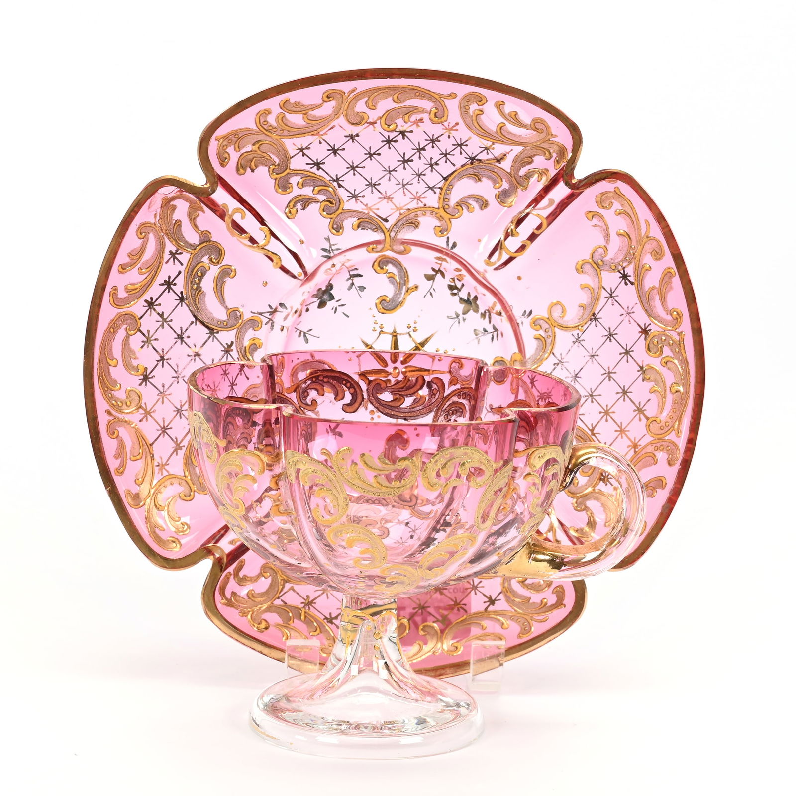 Pedestal Cup & Saucer, Signed Moser Rubina Art Glass (1 of 6)