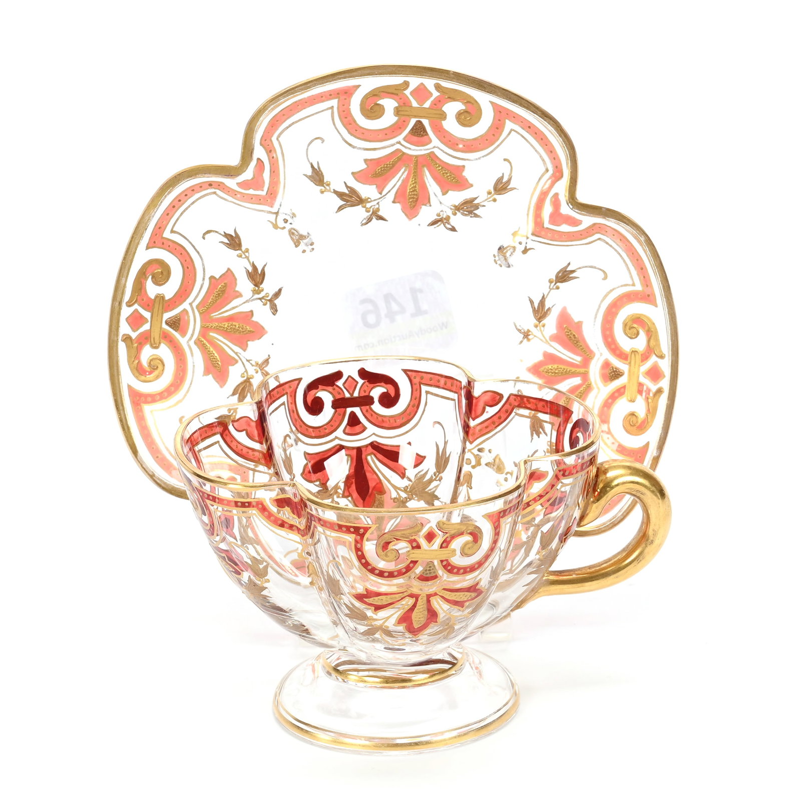 Cup And Saucer, Unmarked Moser Quality Art Glass: Cup And Saucer, Unmarked Moser Quality Art Glass, 2.5" x 4.5", Clear With Cranberry And Gold Border Decor, Janice Gill Collection