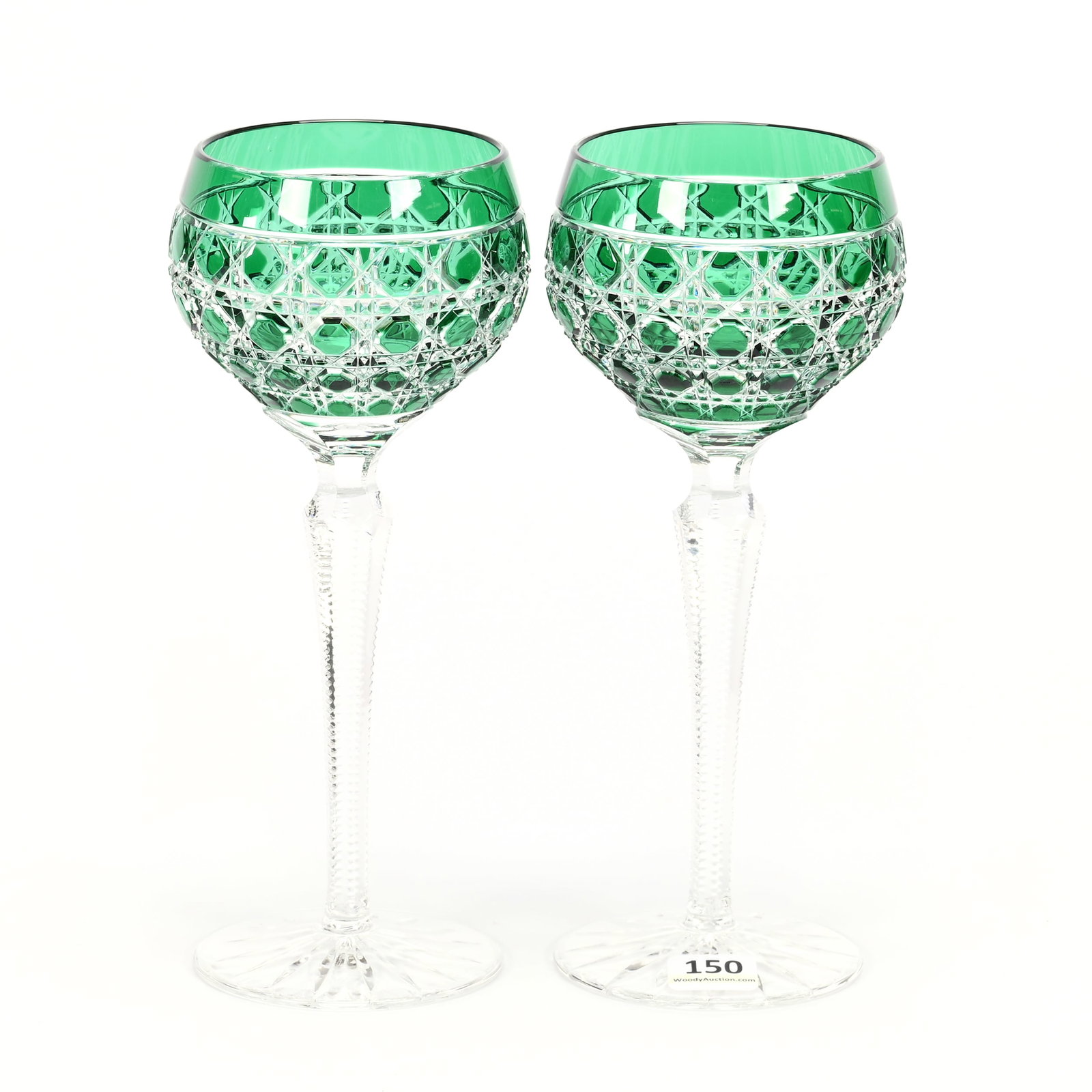 Pair Wine Stems, BPCG, Green Cut To Clear: Pair Wine Stems, Brilliant Period Cut Glass, Green Cut To Clear, 8.25" x 3.5", Cane Pattern, Solid Notched Stem, Ray Cut Foot, Janice Gill Collection