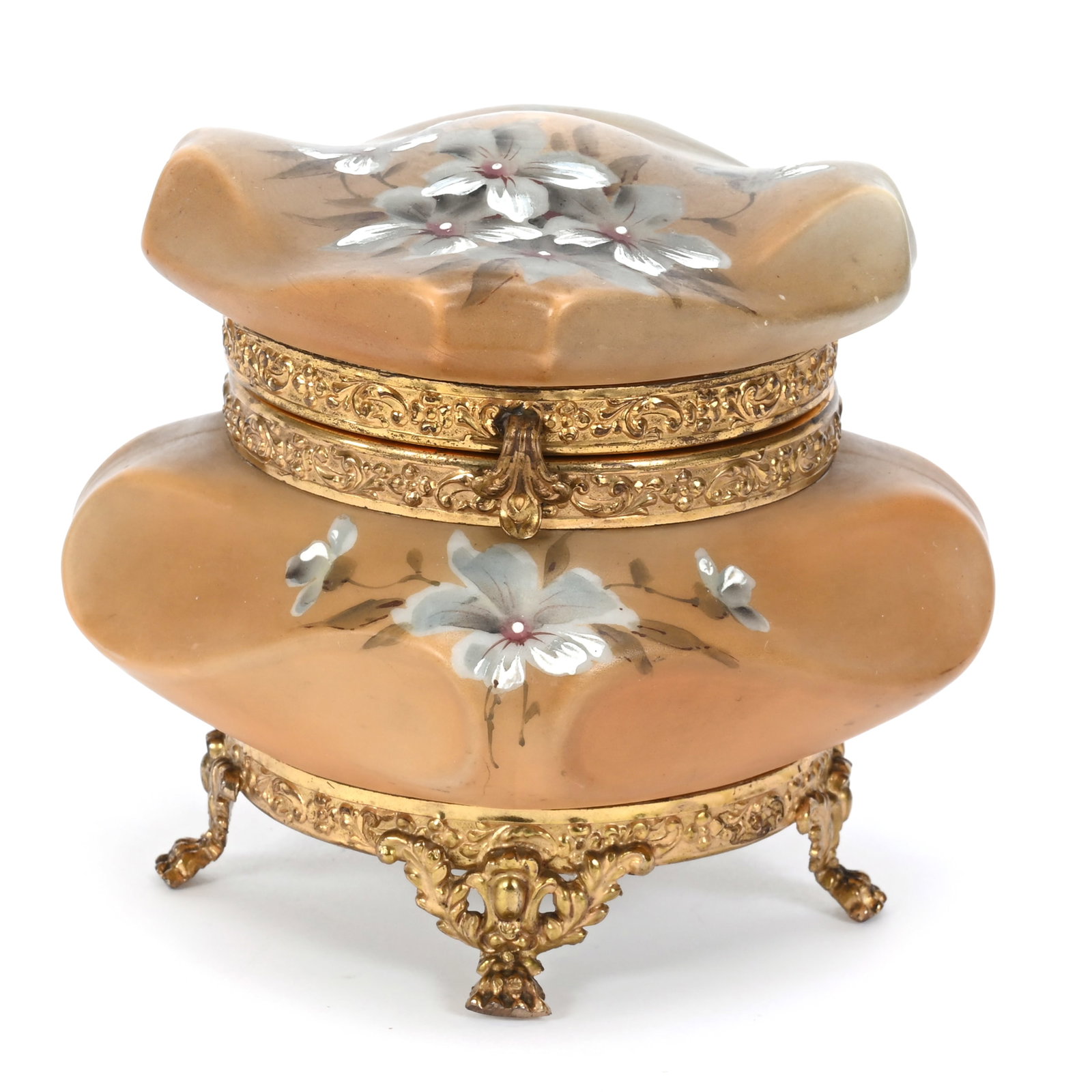 Jewel Box Marked Nakara: Jewel Box Marked Nakara, 4.75" x 5.5", Brown And Green Tones, Blue Floral Decor, Gilt Metal Feet And Fittings, Original Lining, Janice Gill Collection