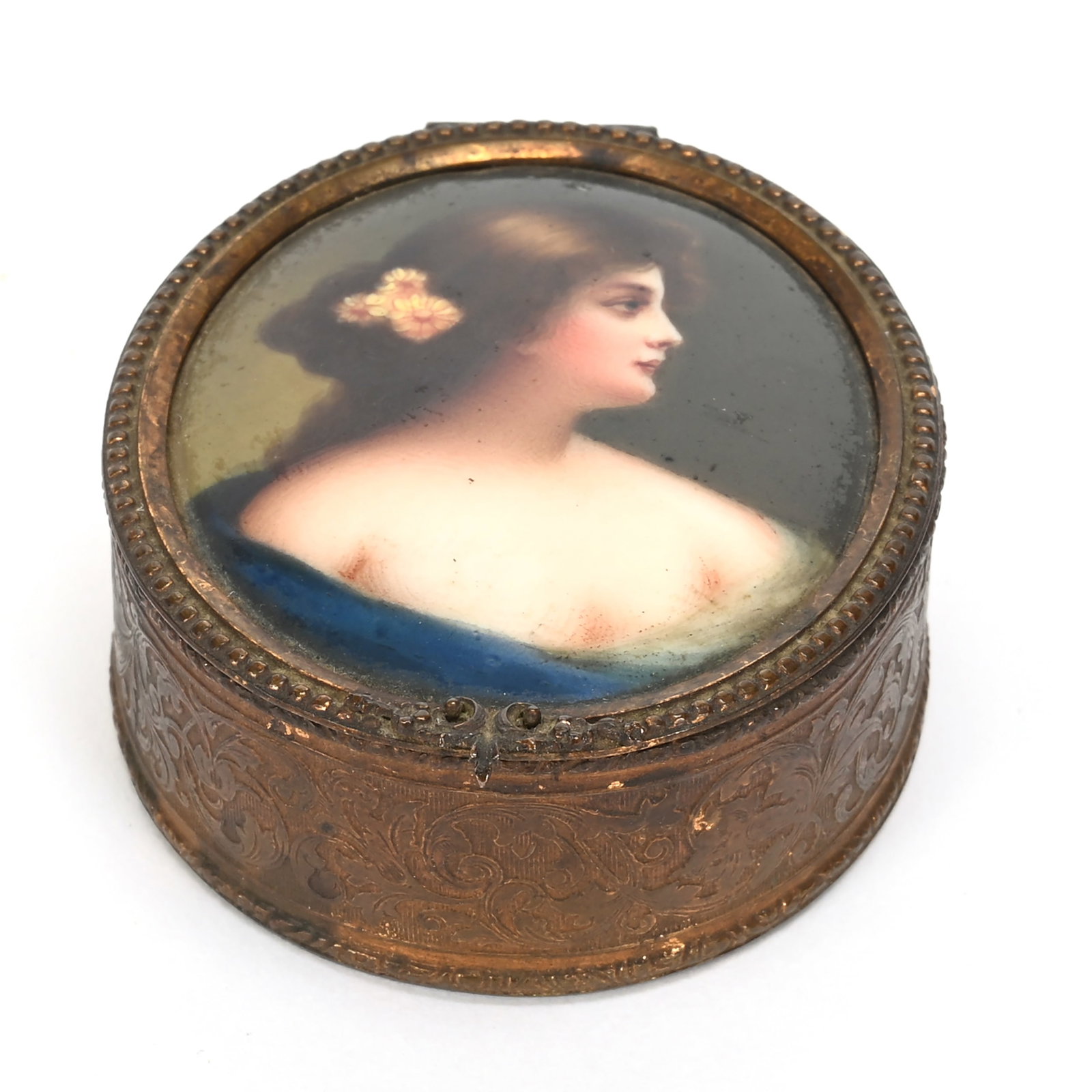 Oval Hinged Box, Hand Painted Portrait: Oval Hinged Box, Hand Painted Portrait, 1" x 2.75" x 2.25", Inset In Lid Of Young Woman, Gilt Metal Frame, Original Lining, Janice Gill Collection