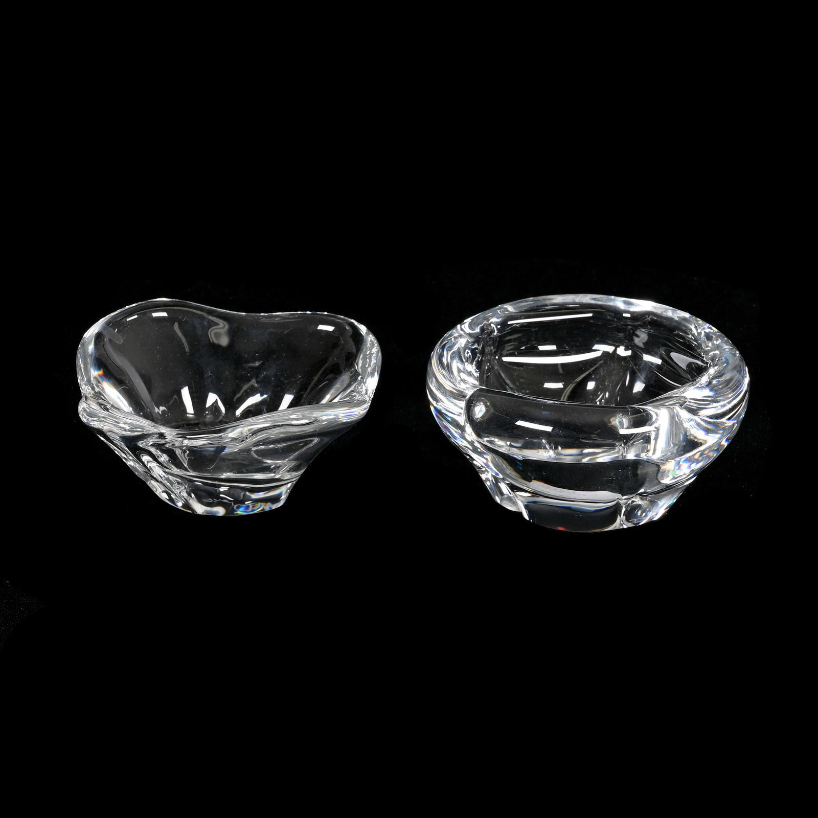(2) Bowls Signed Daum France, Clear Crystal: (2) Bowls Signed Daum France, Clear Crystal, 2" x 3.5" approximately, (1) Round, (1) Square, Private Collection