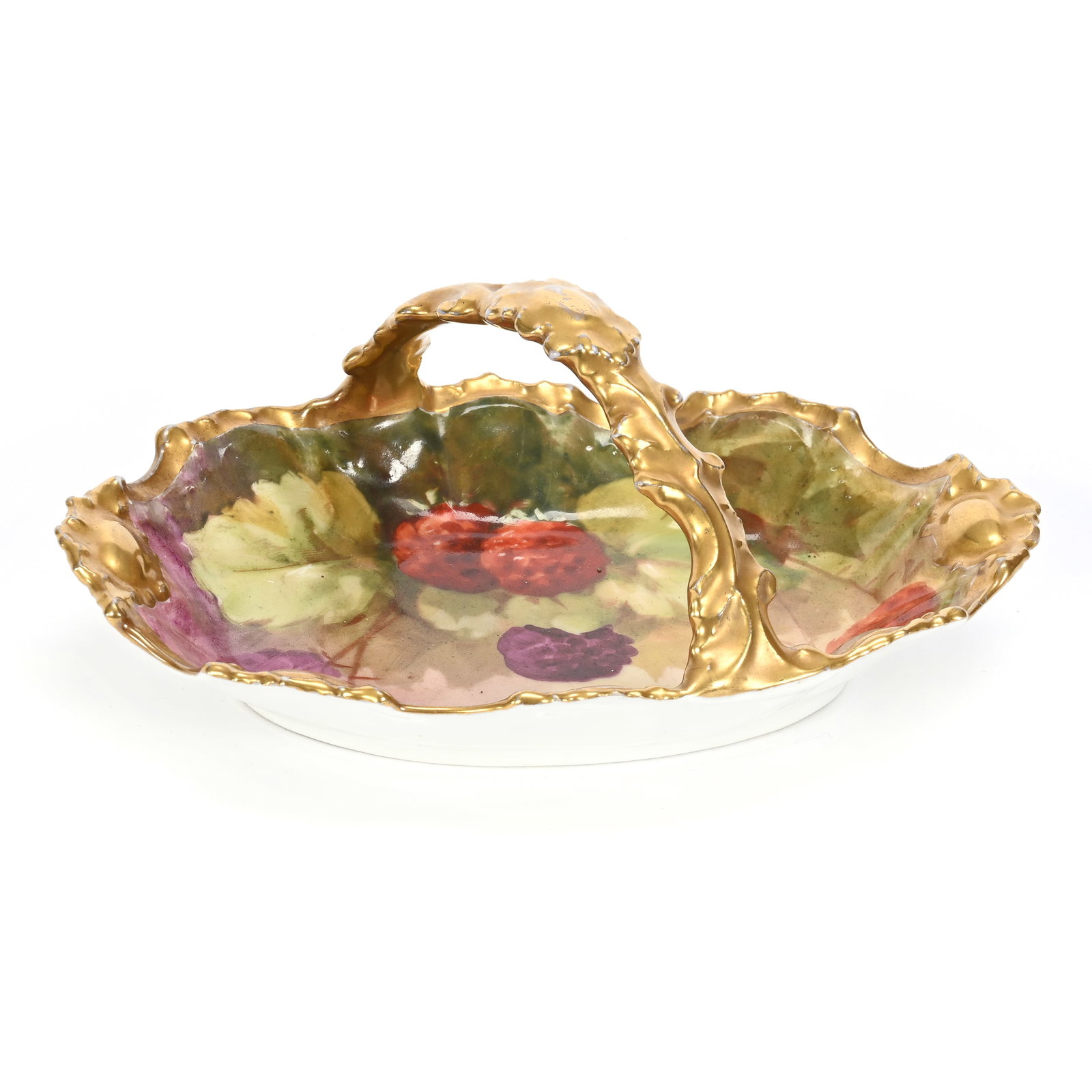 Basket Marked Flambeau Limoges: Basket Marked Flambeau Limoges, 3" x 7.25", Hand Painted Raspberry Decor, Gold Trim, Artist Signed Bais, Oregon Private Collection