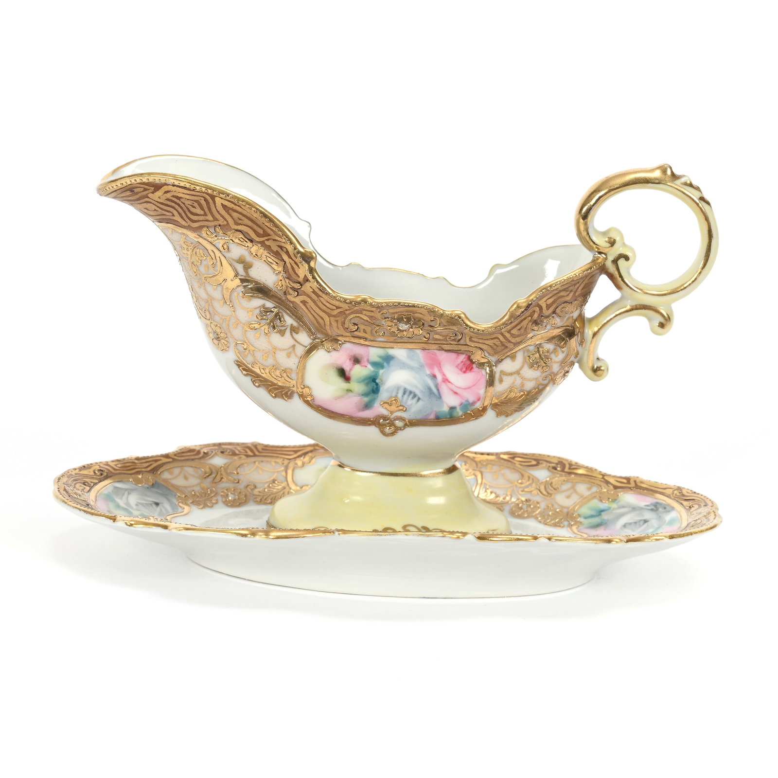 Gravy Boat & Underplate Marked Nippon: Gravy Boat & Underplate Marked Nippon, 4.5" x 7.5", White With Yellow And Brown, Pink Rose Decor, Heavy Gold Trim Highlights, Oregon Private Collection