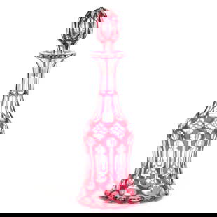 Decanter, BPCG, Cranberry Cut To Clear: Decanter, Brilliant Period Cut Glass, Cranberry Cut To Clear, 15" x 5", Window And Punty Design, Stopper Had Metal Rod Holding Plug To Stopper Head, Chip On Stopper & Stopper Plug, South Dakota Privat