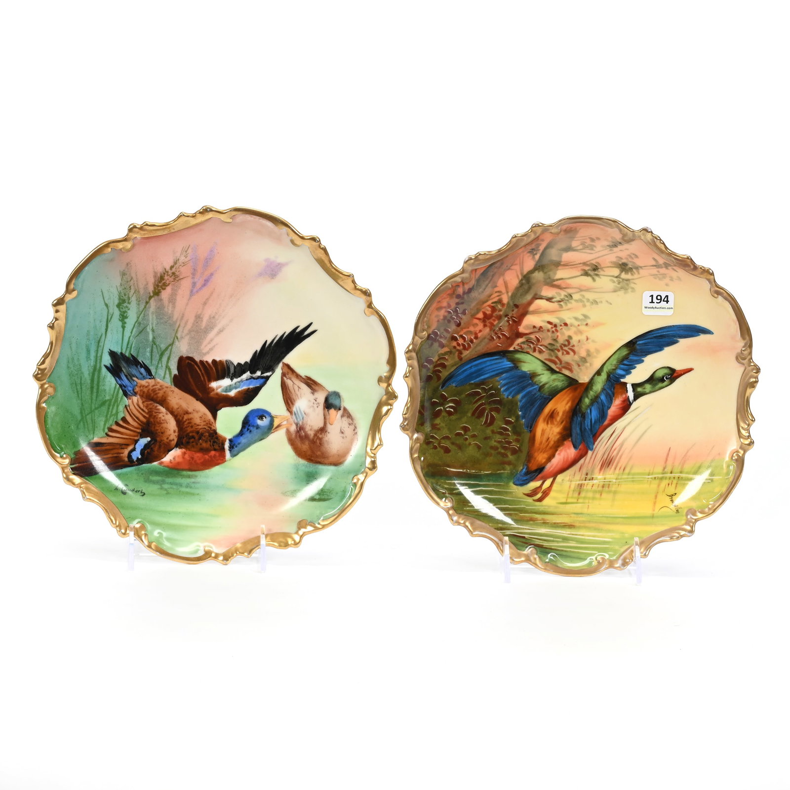 Pair Plates, Coronet Limoges, Duck Scenic Decor: Pair Plates, Coronet Limoges, Duck Scenic Decor, 10.25", Artist Signed, South Dakota Private Collection