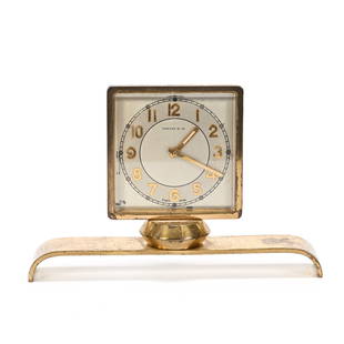 Desk Clock, Swiss Works, Marked Tiffany & Co.: Desk Clock, Swiss Works, Marked Tiffany & Co., 4.25" x 6.25" x 1.25", Brass Frame, Brass Case Has Some Wear, South Dakota Private Collection