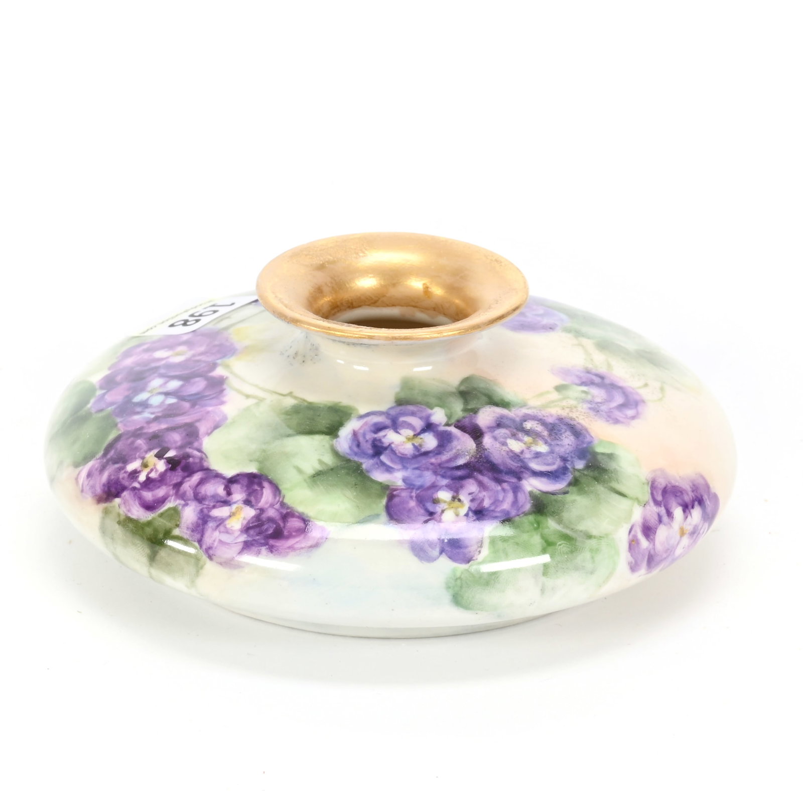 Small Flower Center, American Willets Belleek: Small Flower Center, American Willets Belleek, 2" x 4.75", Cream And Green With Lavender Floral Decor, Janice Gill Collection