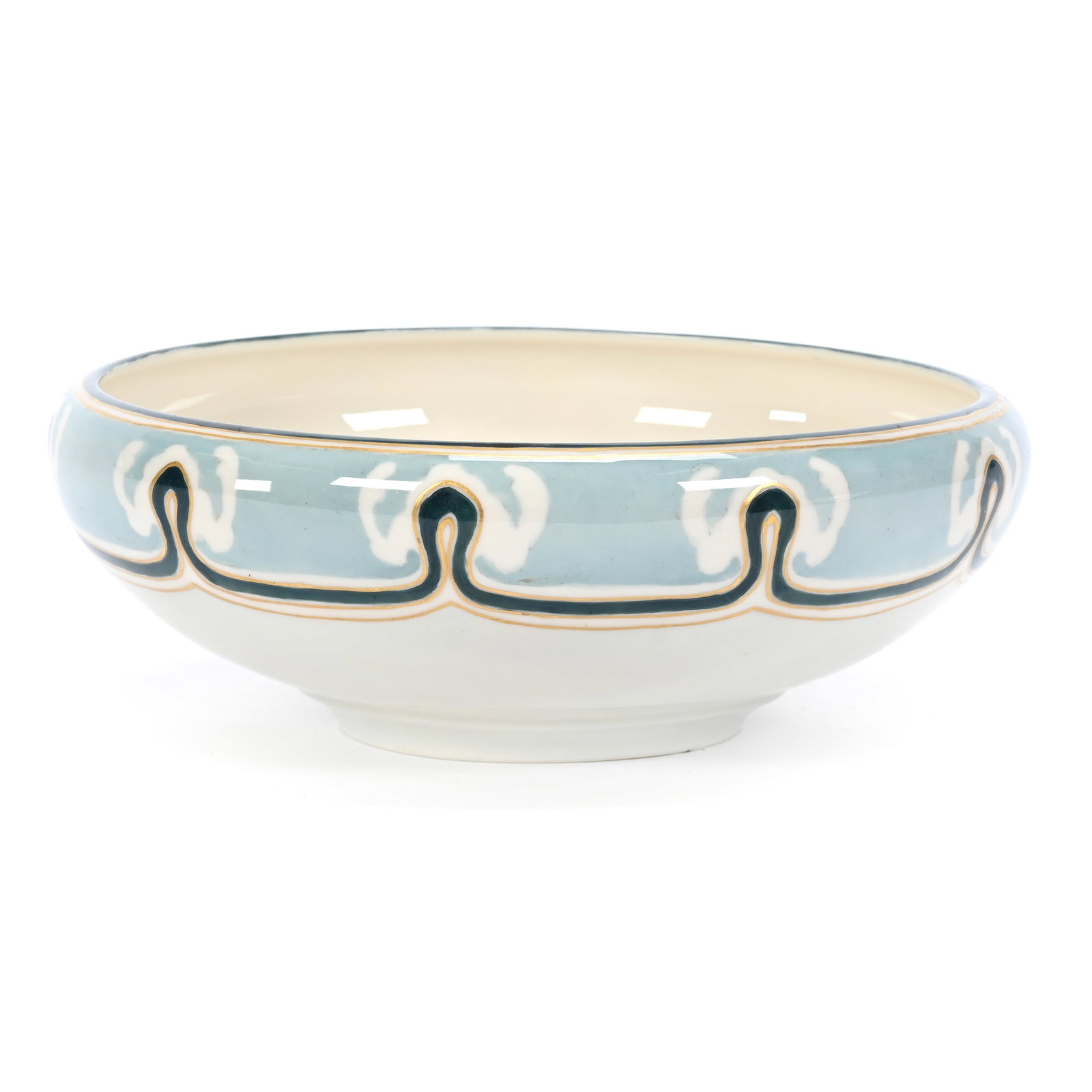 Bowl, American Willets Belleek: Bowl, American Willets Belleek, 3" x 8", Soft Green And Blue, Dark Green And White Border Design, Artist Signed, Janice Gill Collection