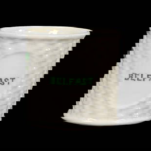Mug, Irish Belleek Black Mark, Second Period: Mug, Irish Belleek Black Mark, Second Period, 2.75" x 3.75", Souvenir Of Belfast, Basketweave And Clover Mold, Janice Gill Collection