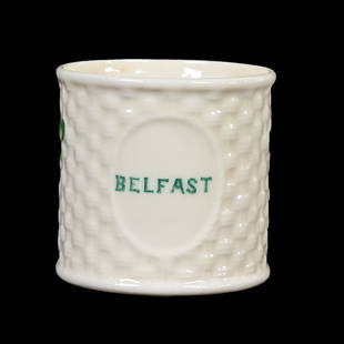 Mug, Irish Belleek Black Mark, Second Period: Mug, Irish Belleek Black Mark, Second Period, 2.75" x 3.75", Souvenir Of Belfast, Basketweave And Clover Mold, Janice Gill Collection