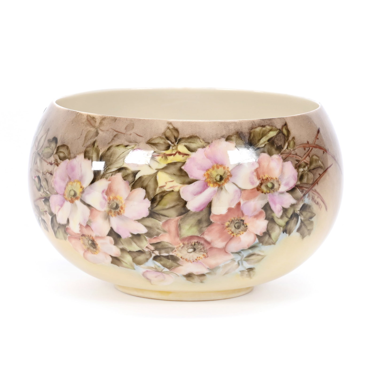 Bowl, American Willets Belleek: Bowl, American Willets Belleek, 4.5" x 7", Yellow And Brown Tones, Pink Floral Decor, Artist Signed Hilmer, Janice Gill Collection