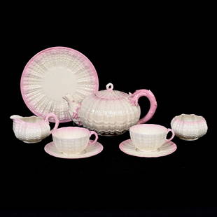 Tea Set, Six Piece, Irish Belleek 2nd Black Mark: Tea Set, Six Piece, Irish Belleek 2nd Black Mark, Tridacna Pattern, Pink Tinted Highlights, (1) 4.75" x 9.25" Tea Pot, Matching Creamer, Sugar (2) Cups & Saucers, (1) 7.75" Plate, Circa 1891-1926, Jan