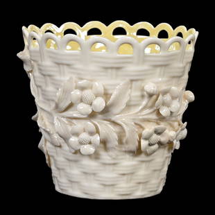 Basket, Irish Belleek, 4th Green Mark: Basket, Irish Belleek, 4th Green Mark, 3.5" x 3.75", Basketweave With Applied Floral, Circa 1946-1955, Janice Gill Collection