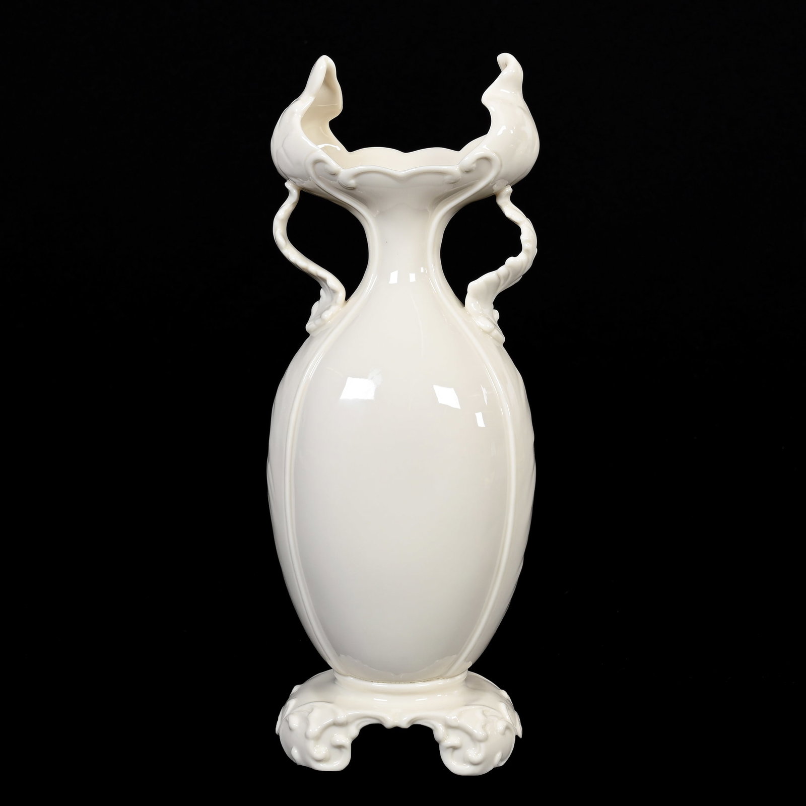 Vase, Two Handles, Lenox Green Wreath/USA: Vase, Two Handles, Lenox Green Wreath/USA, 12.5" x 4.5", Solid White, Unique Form, 1930-1950, Janice Gill Collection