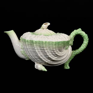 Teapot, Irish Belleek 2nd Black Mark, 1891-1906: Teapot, Irish Belleek 2nd Black Mark, 1891-1906, 4.5" x 8", Shell Mold, Green Tint Highlights, Janice Gill Collection