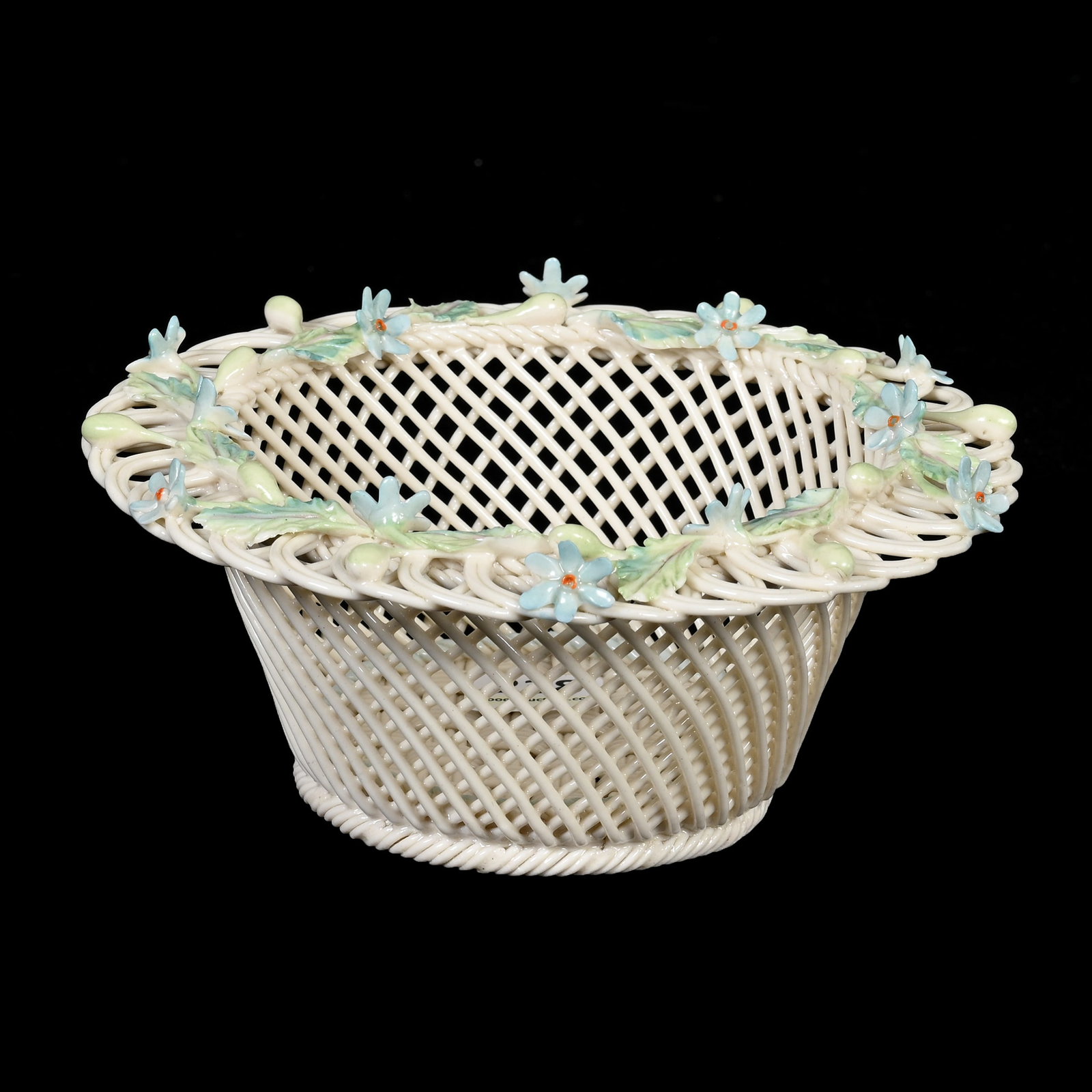Basket, Irish 4th Period Belleek, 4 Strand, 2 Pads: Basket, Irish 4th Period Belleek, 4 Strand, 2 Pads, 2.5" x 5.75", Circa 1955-1979, Blue Applied Floral Rim, Most Of Pads Missing On Bottom, Janice Gill Collection