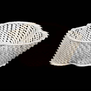 Shamrock Basket, Irish Belleek 2nd Period: Shamrock Basket, Irish Belleek 2nd Period, Rare Example Of "Flat Rod" Irish Belleek, 2" x 5.25", Circa 1890-1920, Two Strand, One Pad, Janice Gill Collection. UPDATED 11/27/23: "Rare Example Of 'Flat